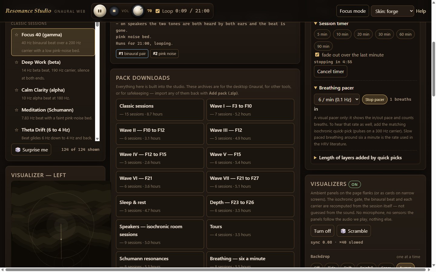 Live tools: the session timer, the breathing pacer and the pack downloads